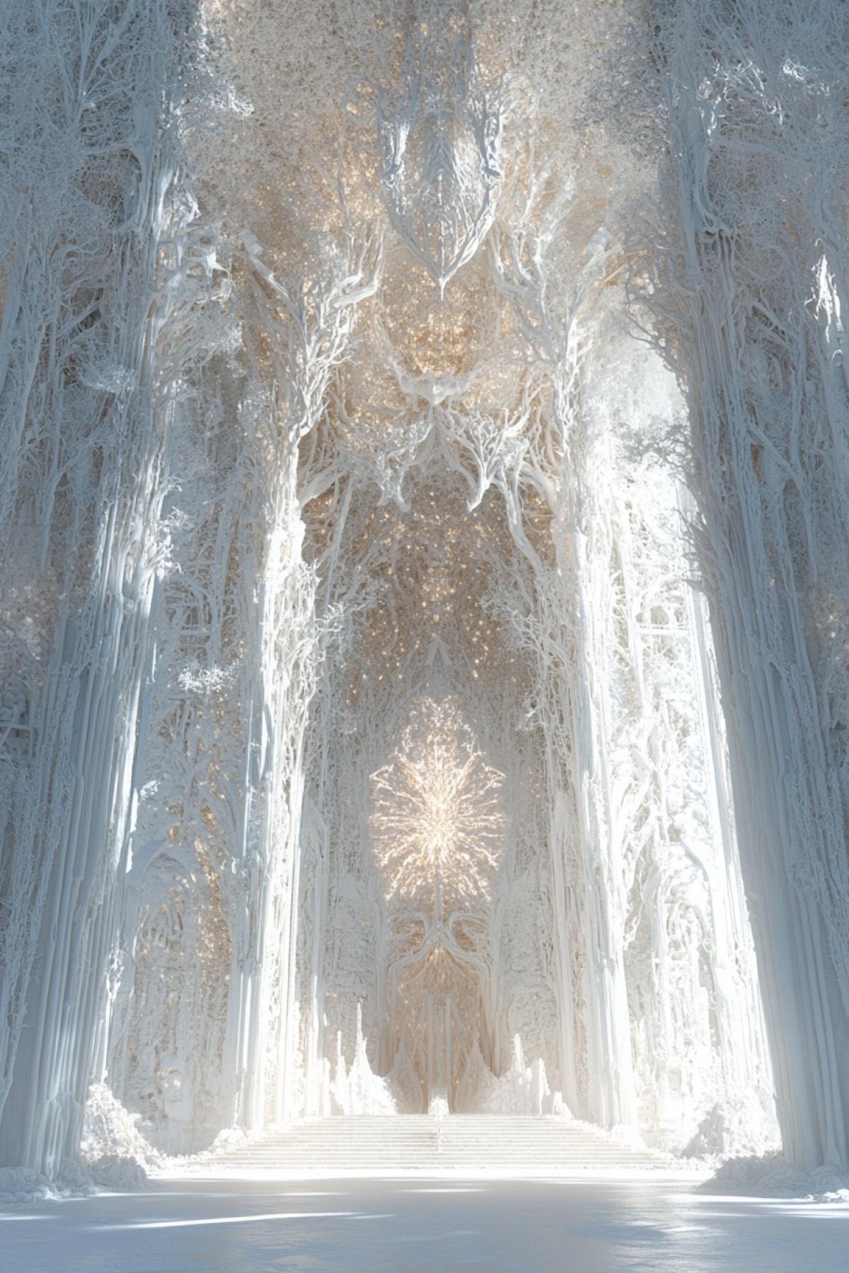 Enormous temple built from white stone embedded with veins of glowing crystal, creating a luminous, ethereal effect. The exterior is intricately carved with patterns that mimic natural growthbranches, leaves, and roots weaving across the facade. Light pulses gently through the crystal veins, giving the impression of a breathing, living structure. Hyperrealistic textures, ultra-HD 8K, (Masterpiece: 1.5), (best quality: 1.5), innovative architectural design, ethereal atmosphere, organic elegance.