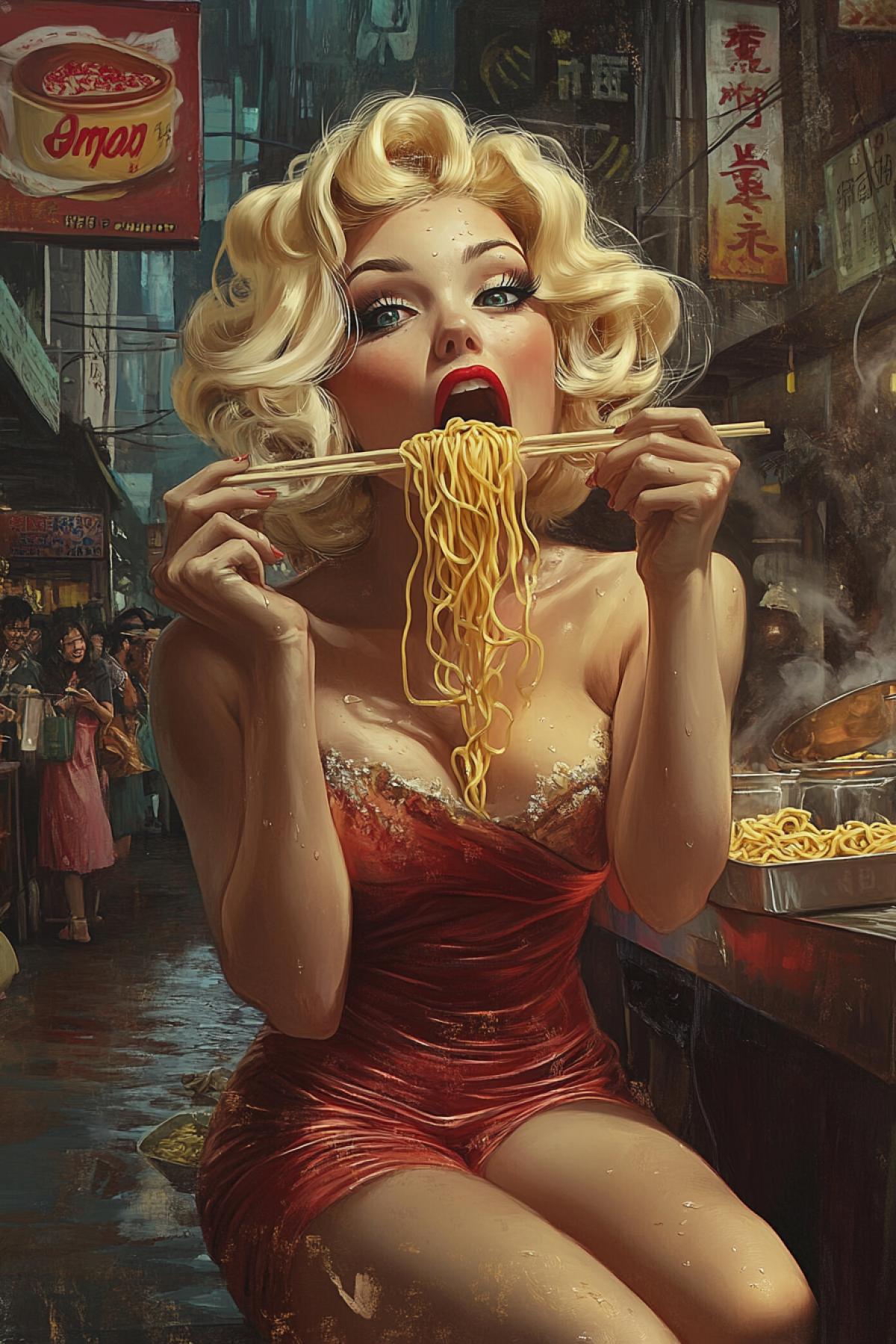Merlin Monroe in a beautiful short dress eats noodles, on her face enjoyment, on the back background of a stall with a noodles a big queue of customers.