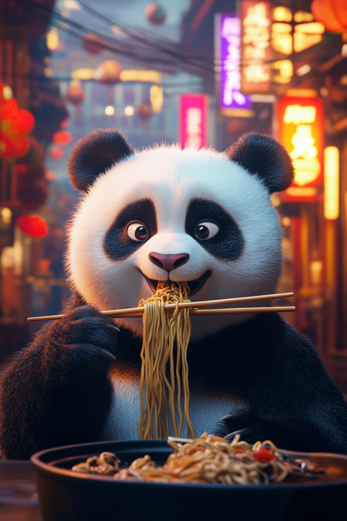 Satisfied Panda eats noodles with Chinese sticks. In the background, Chinese shops with beautiful signs.