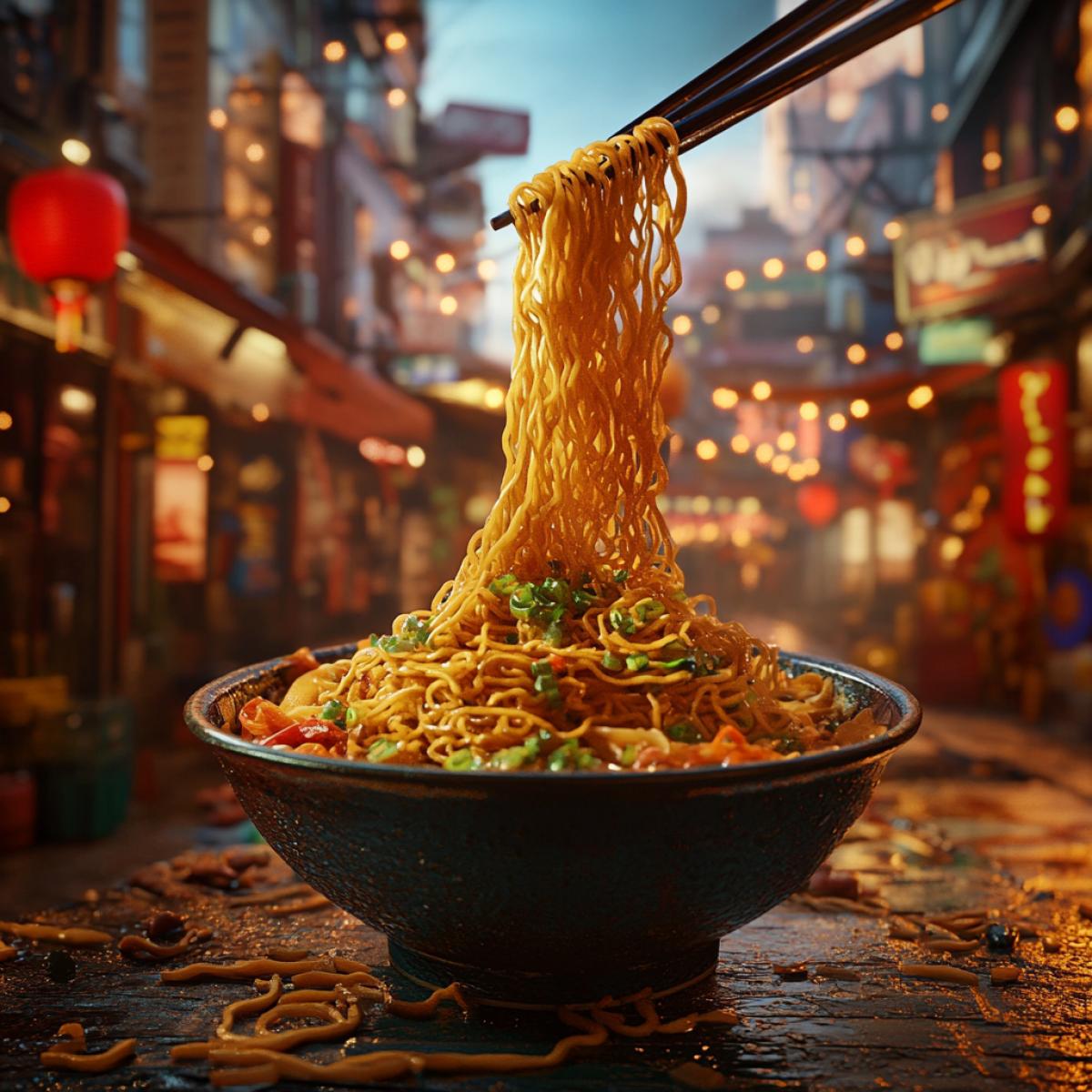Rasty noodles advertising, bright colors, in the style of Fallout, high detail, realist schedule