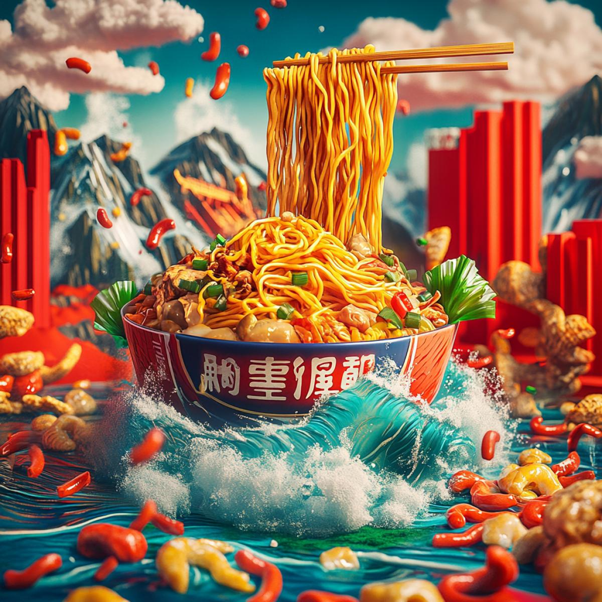 Rasty noodles advertising, bright colors, in the style of Fallout, high detail, realist schedule