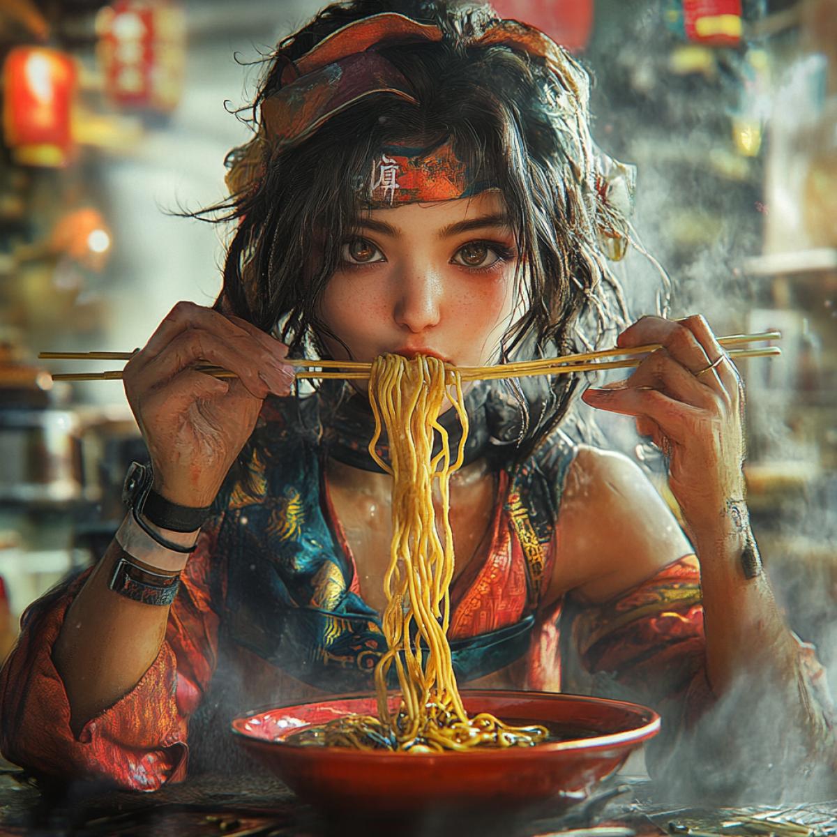 Advertising of quickcook noodles, a person carefully eats with sticks, bright colors, Fallout style, high detail, realistic graphics