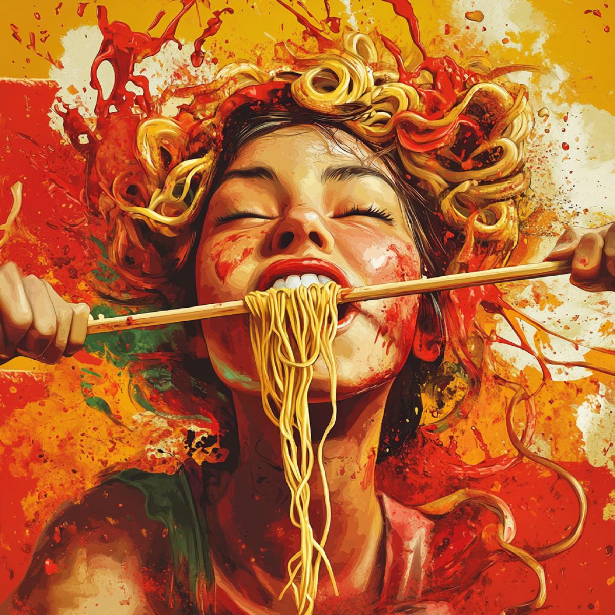 Advertising of fastcooking noodles, a person eats with a stick, bright colors, Fallout style, high detail, realistic graphics