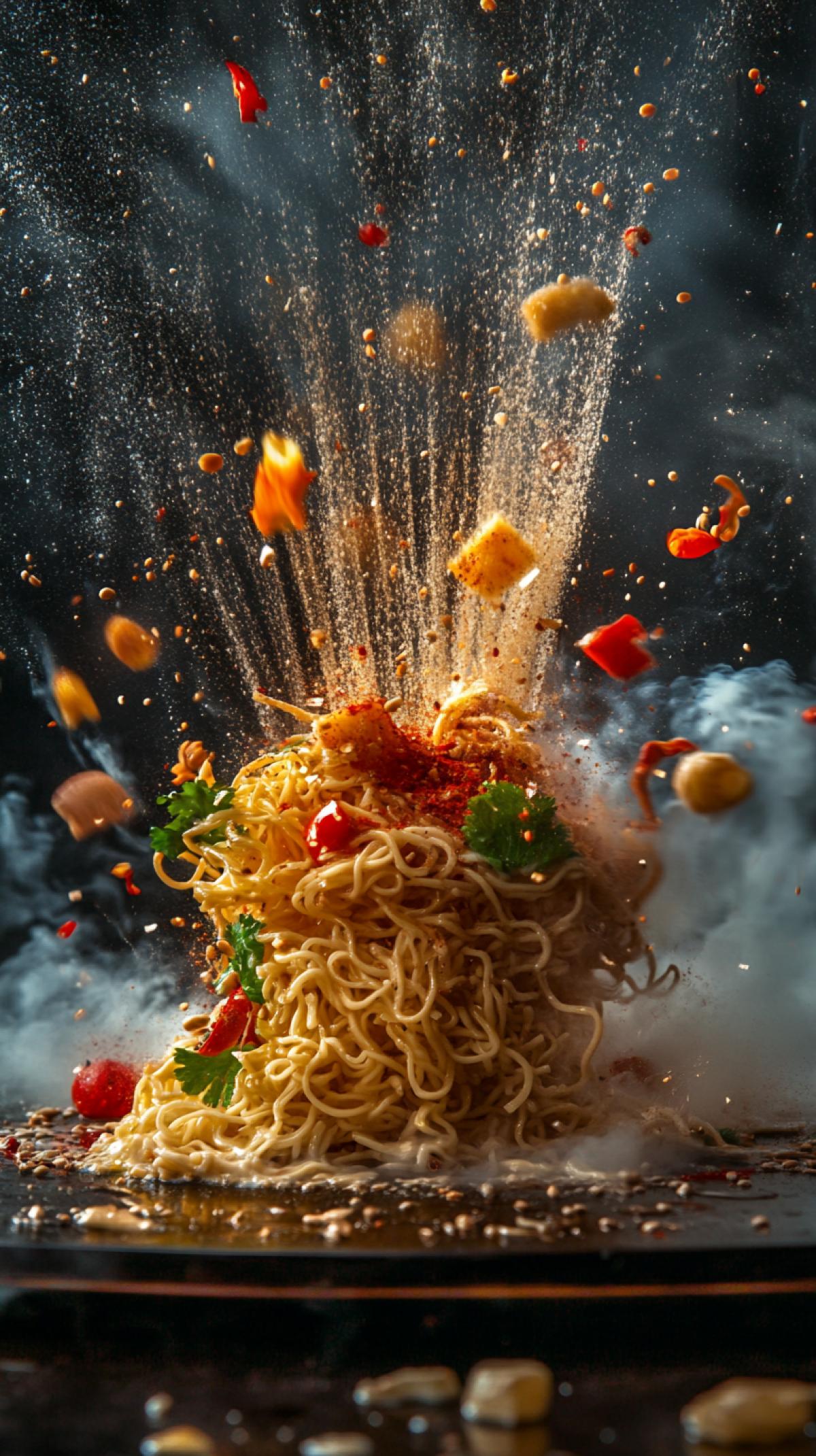 Dramatic dynamic food shot, noodles explodes, erupts, apocalyptic explosion of volcanic food magic c 50 s 1000