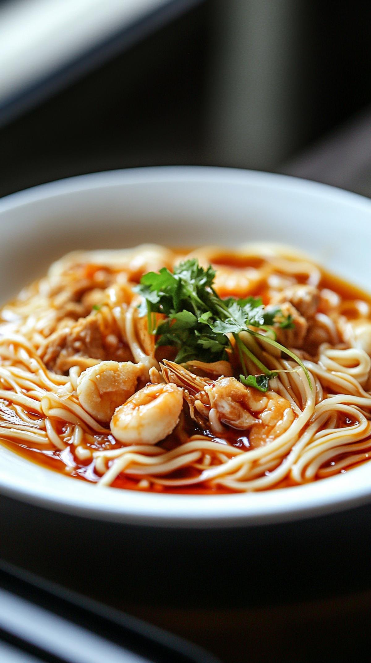 In the photo, an elegant noodle dish shows the texture of the sauce against the background of a snow-white plate. The design uses exquisite artistic touches that highlight both ingredients in high resolution, highlighting their natural beauty. This com4k adds sophistication to your appearance.