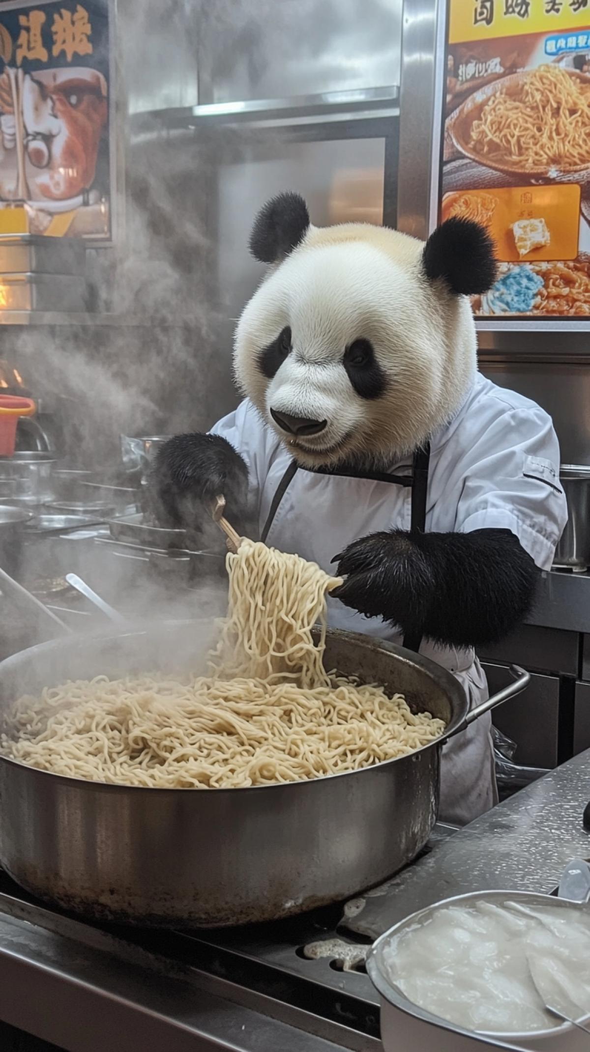 Panda chef cooks noodles at Chinese restaurant