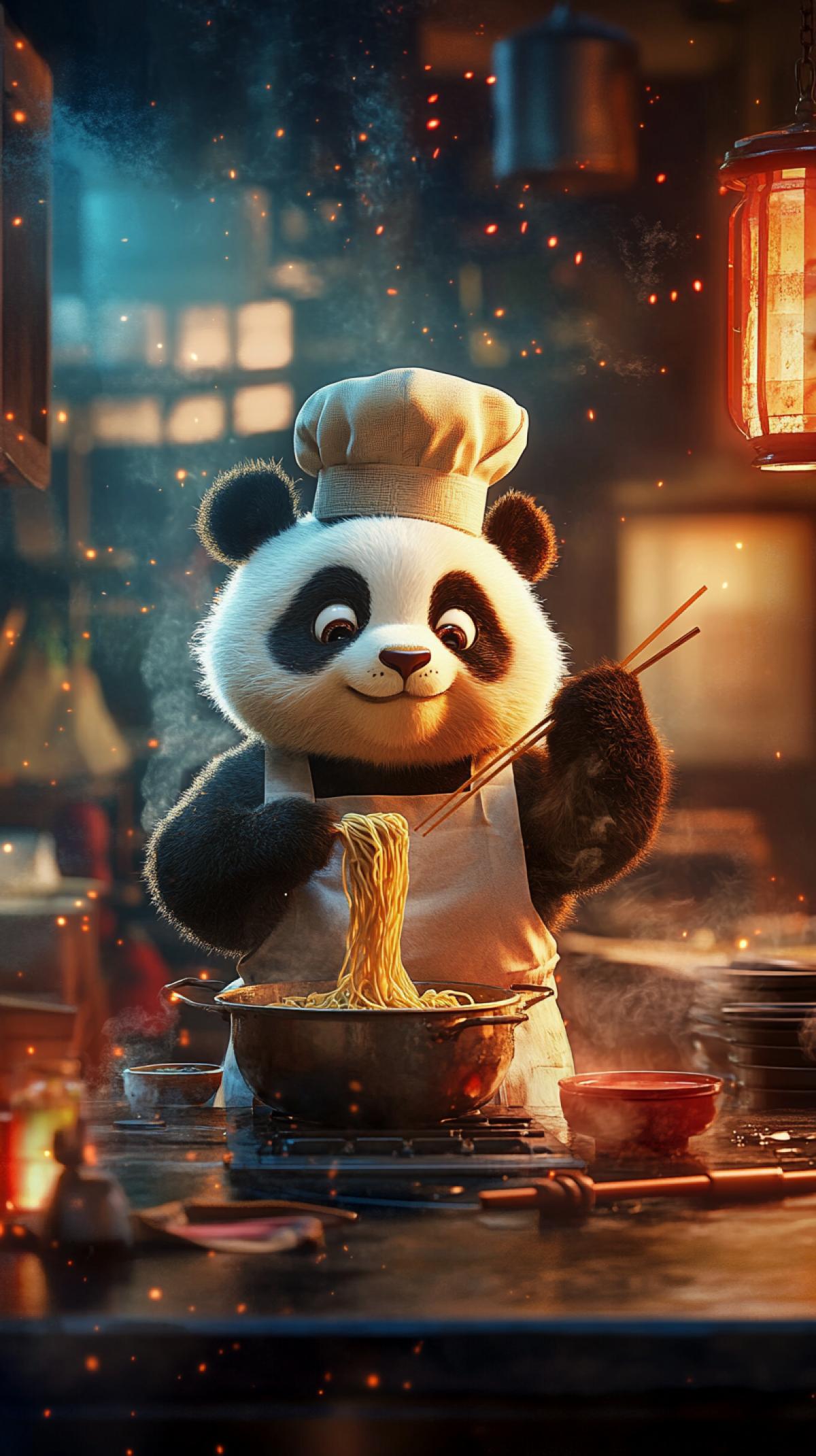 Panda chef cooks noodles at Chinese restaurant