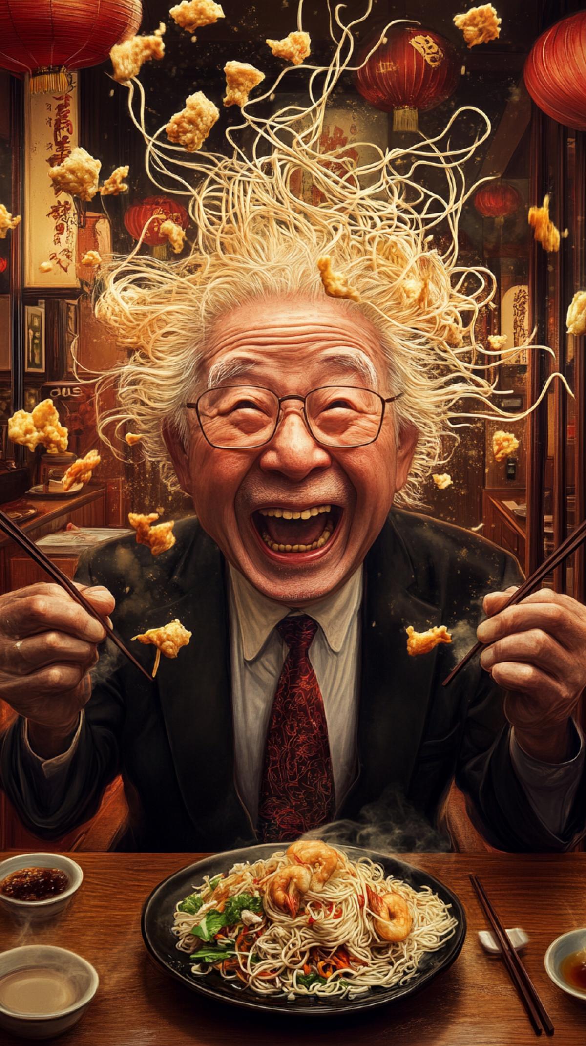 Chinese dinner of a cheerful Chinese grandpa with noodle hair, Chinese restaurant background