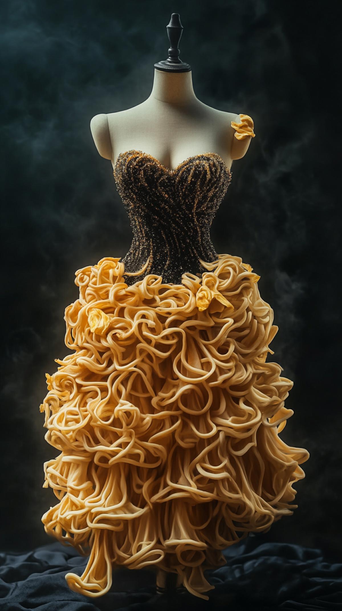 Noodles arranged as a haute couture dress on a mannequin, luxurious fabric texture, fashion photography, elegant, artstation, trending on artstation