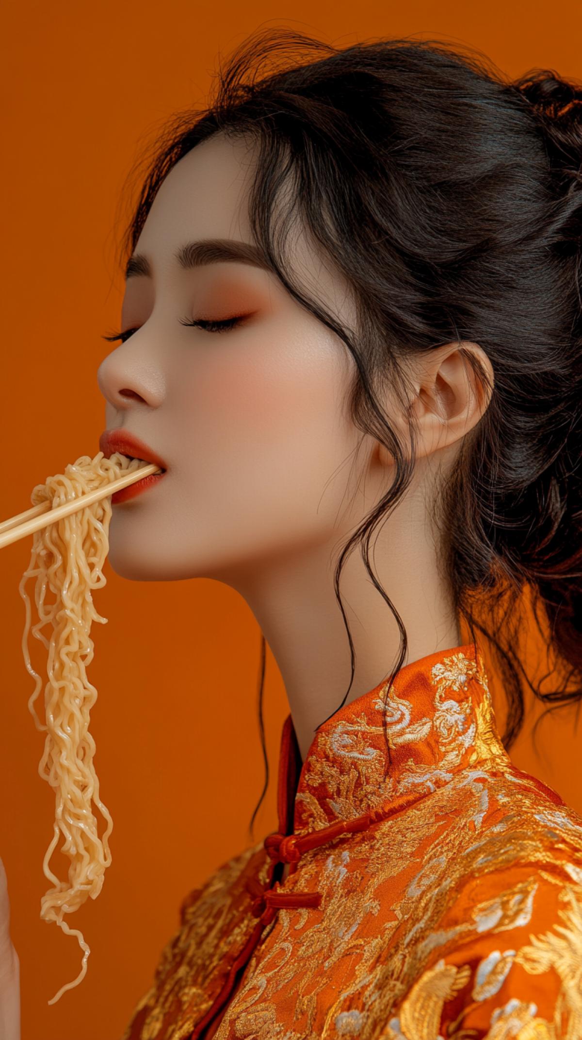 Close-up of a 30-year-old Chinese woman eating noodles with chopsticks , in profile, on an orange background, in a photorealistic style, magazine cover, advertisement