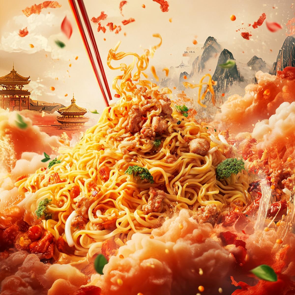 Advertising, quickmade noodles, tasty, bright colors, saturation, shaolin style, high detail, realistic graphics