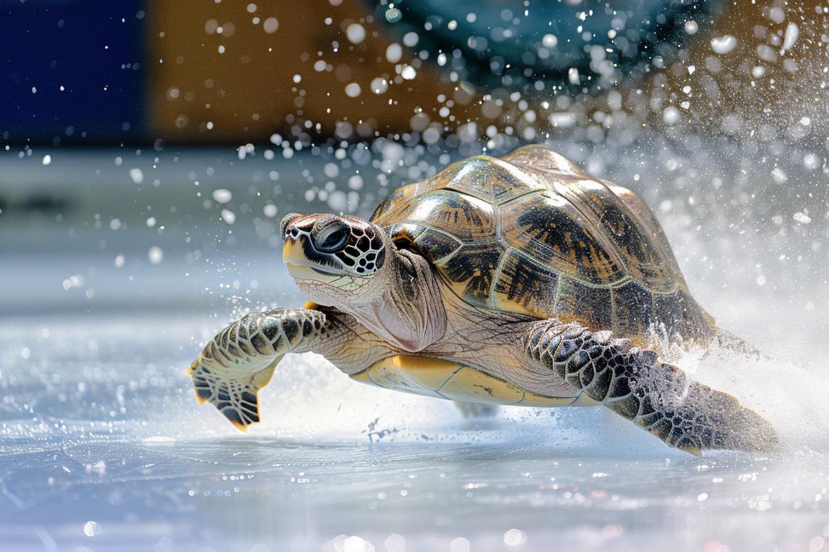 The skating turtle performs figurative skating, the atmosphere of the figure skating championship,