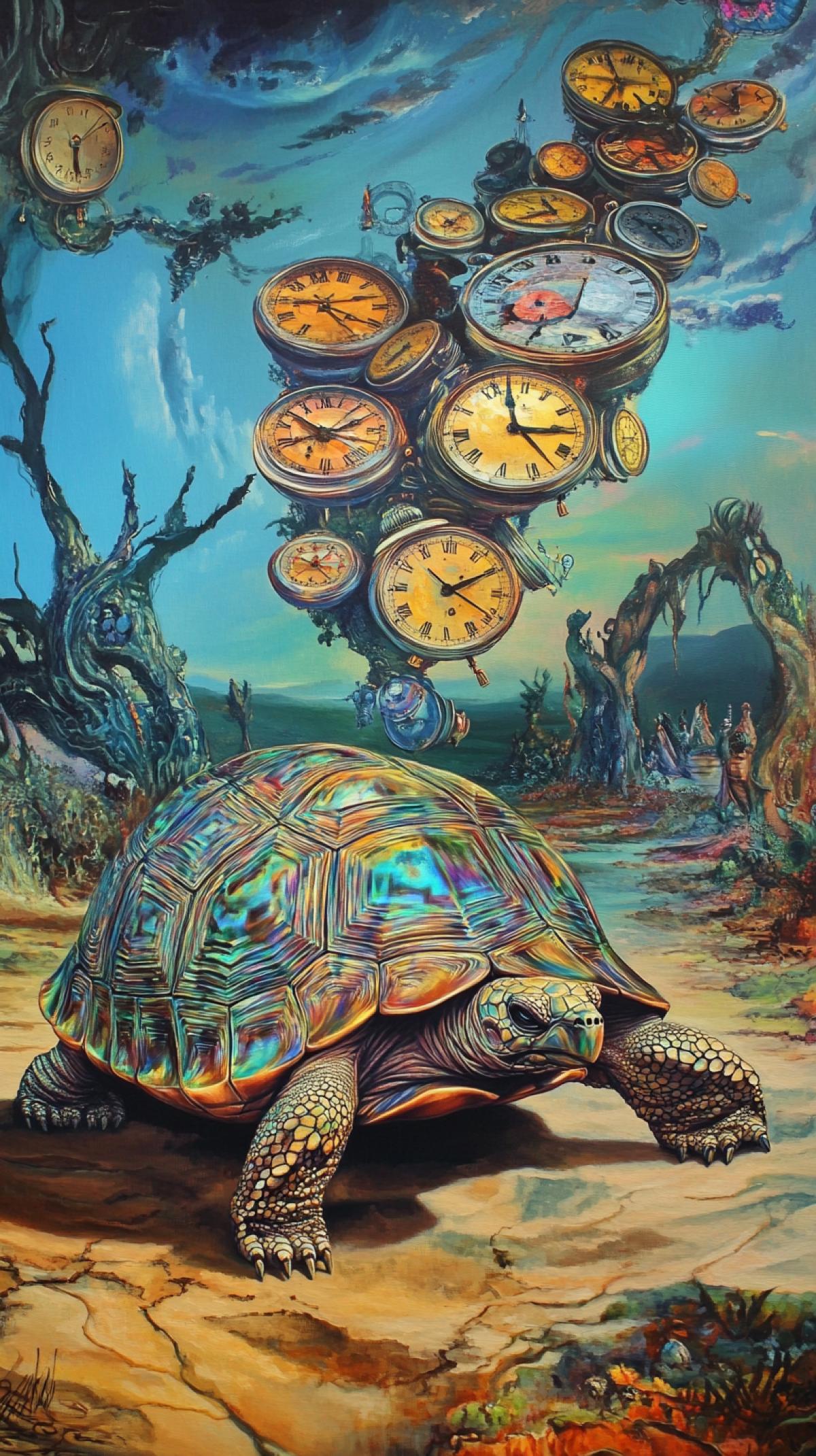 A surreal painting of a tortoise with iridescent shell, walking through a landscape made entirely of melting clocks, Salvador Dali style