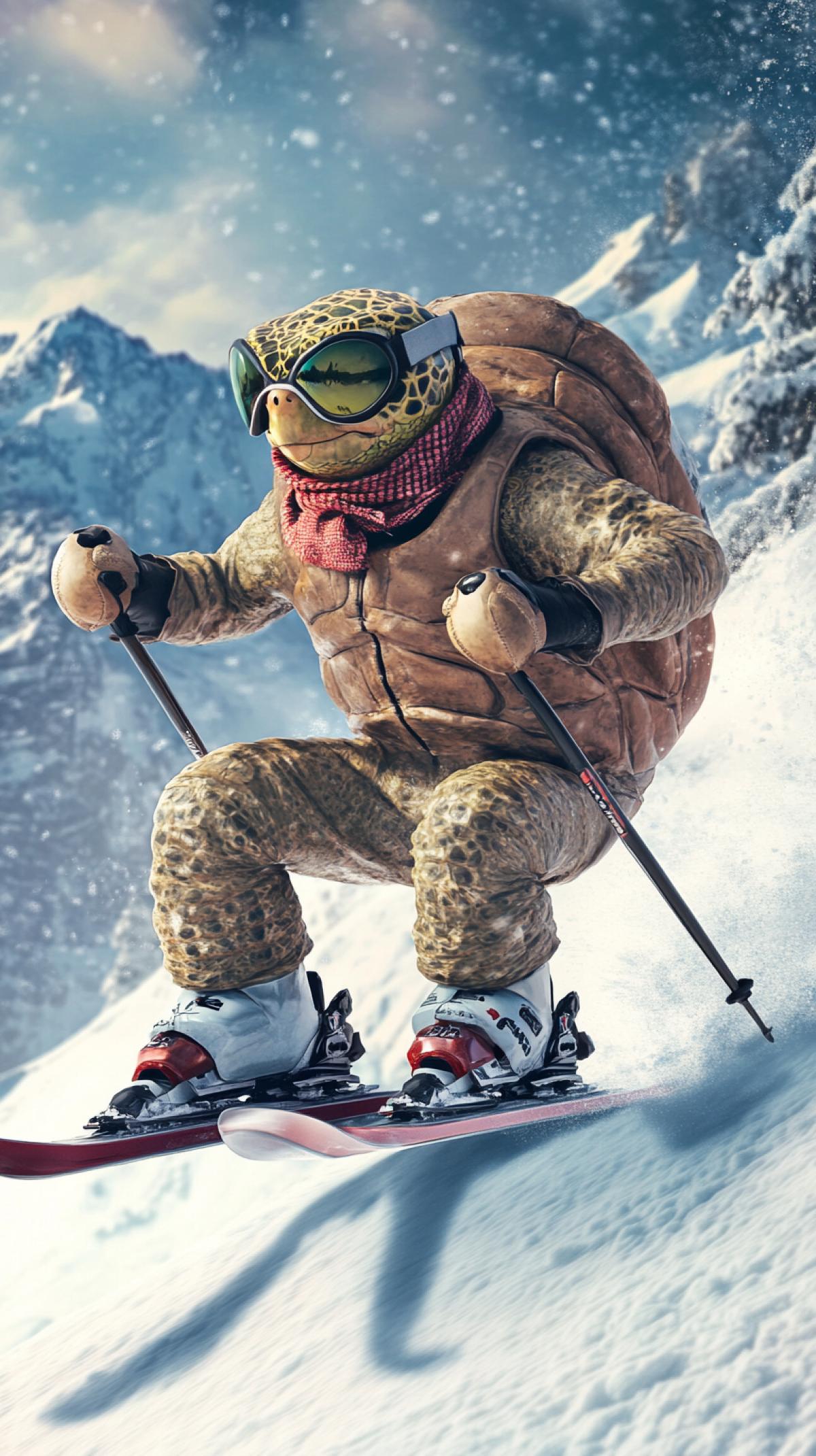Turtle in a ski suit and skiing in the winter on a mountain slope