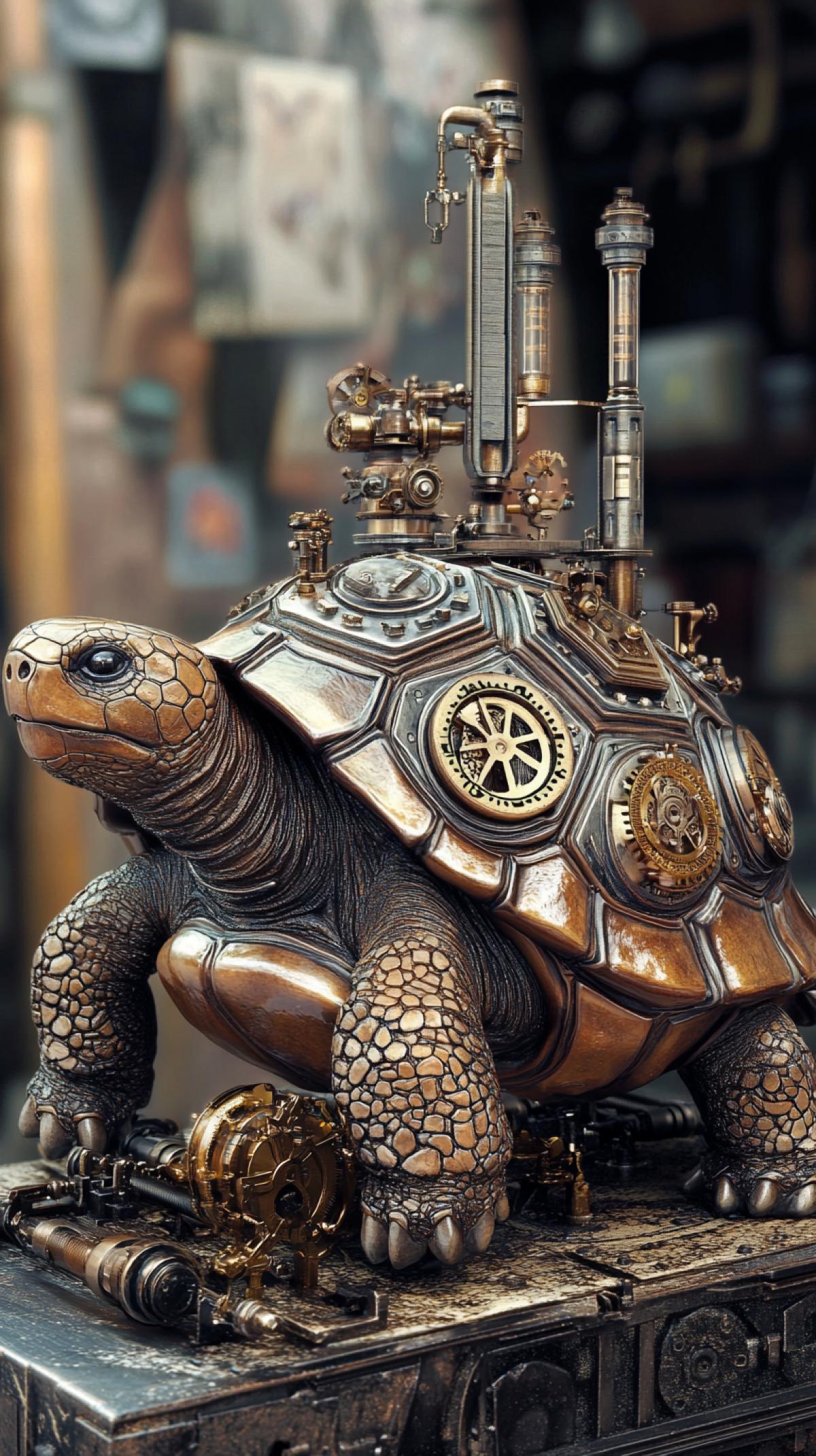 A steampunk tortoise, with intricate gears and brass adornments, operating a complex clockwork mechanism in a Victorian-era laboratory, detailed, intricate