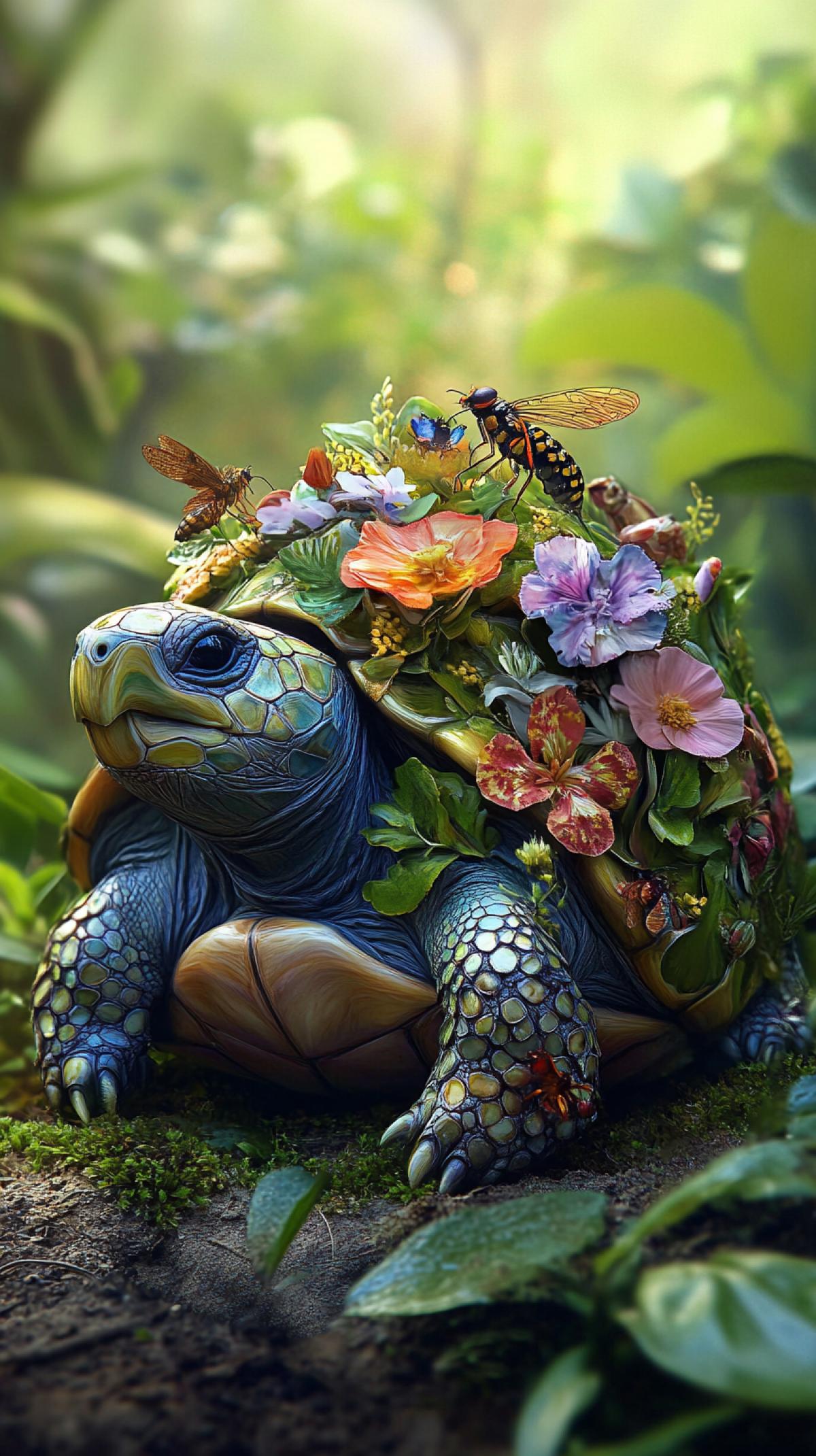 A photorealistic tortoise, its shell transformed into a miniature, vibrant garden, teeming with insects and flowers, macro photography