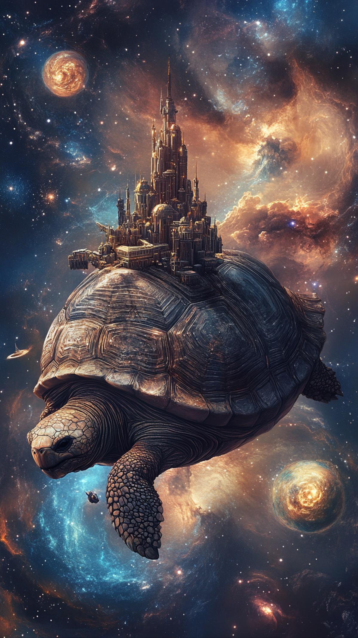 A big , ancient tortoise carrying a mystical city on its shell, floating amidst swirling nebulae, cosmic horror, Greg Rutkowski