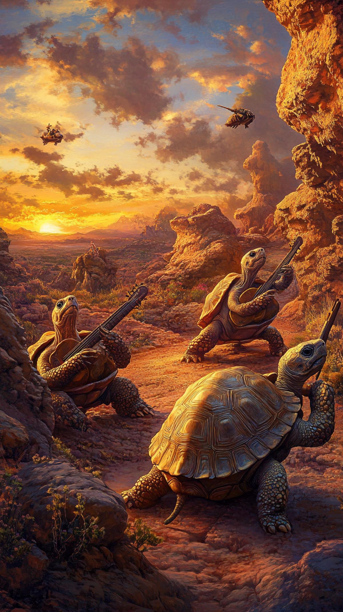 A group of painted desert tortoises playing musical instruments in a whimsical, desert oasis at sunset, magical realism, Alphonse Mucha