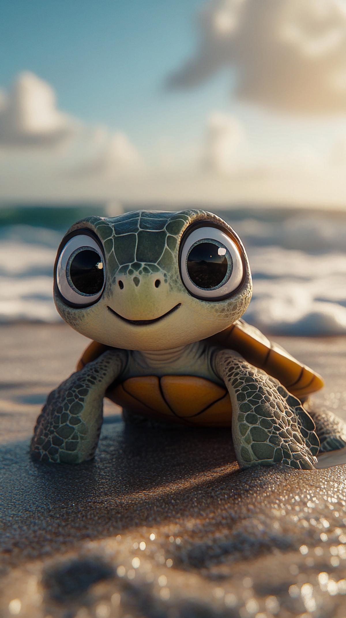 A cute turtle with big eyes in the Disney style against the background of the beach, rendered with Octane, with fine details and hyper-realistic quality