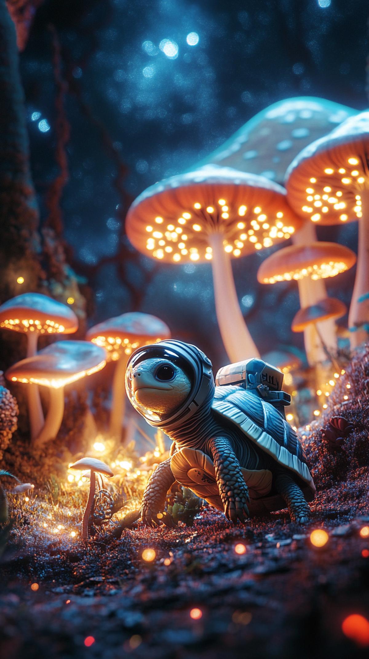 A tiny tortoise wearing a astronaut helmet, exploring a big , bioluminescent mushroom forest on a distant planet, hyperrealistic, 8k