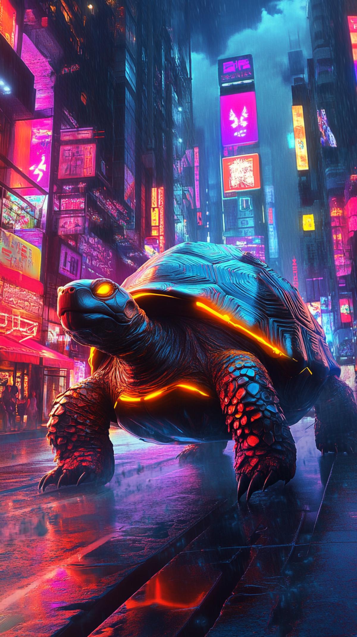A cyberpunk tortoise with neon shell plating, navigating a ling futuristic city street, intricate details, digital art, artgerm