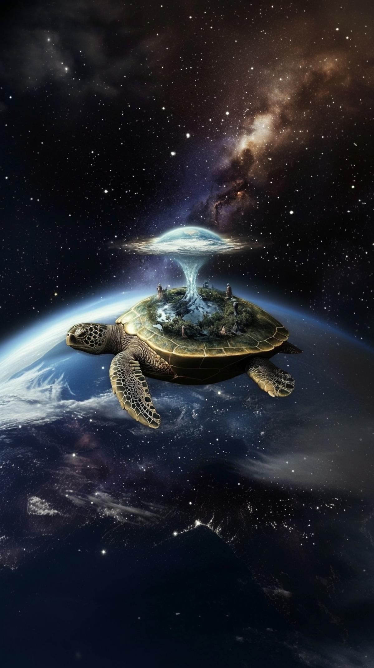 Planet Earth is located on a big turtle, in open space, ancient mythology, photoshop