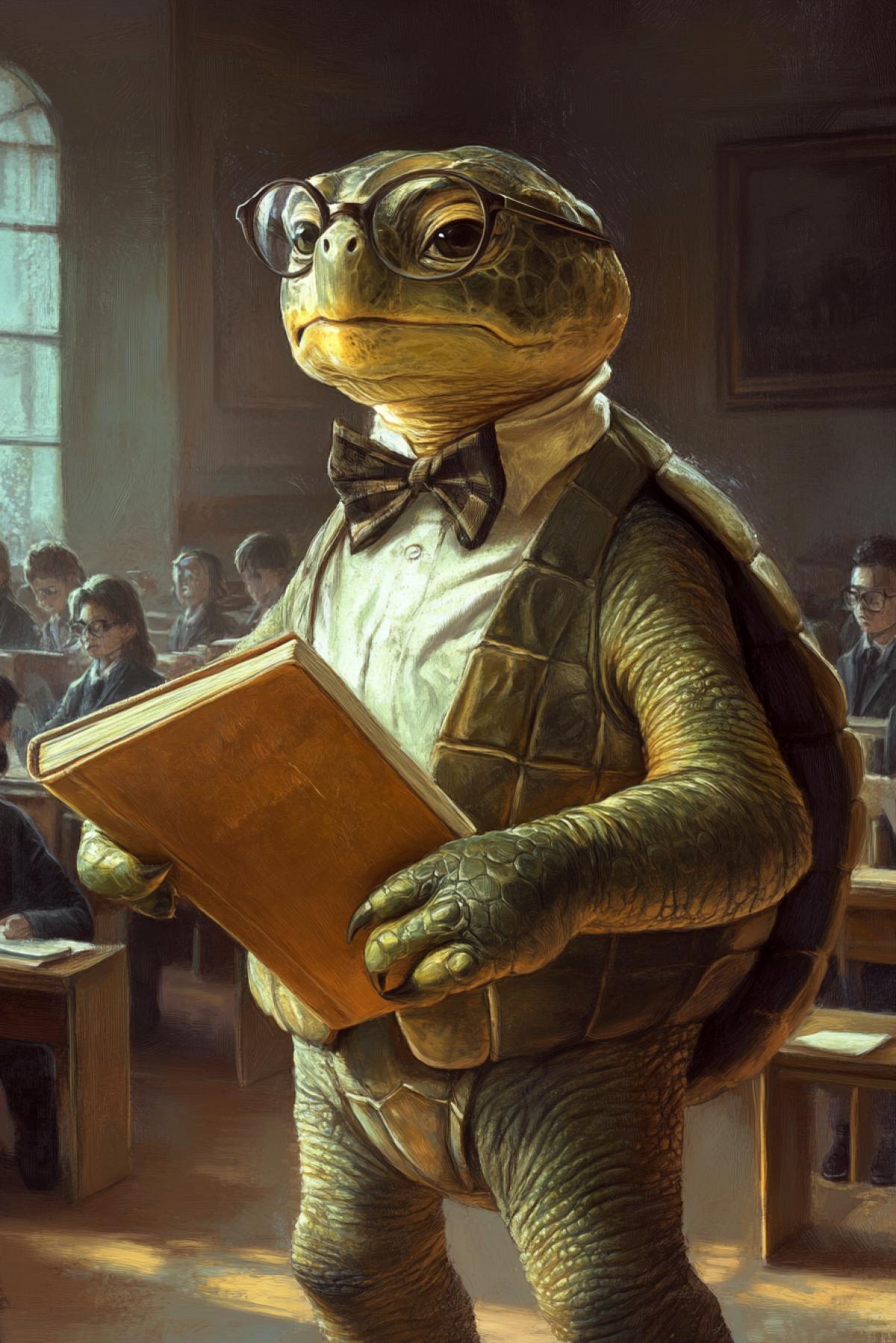 The turtle is a teacher, the turtle stands with glasses, holds a textbook and a pointer against the background of class with desks and students
