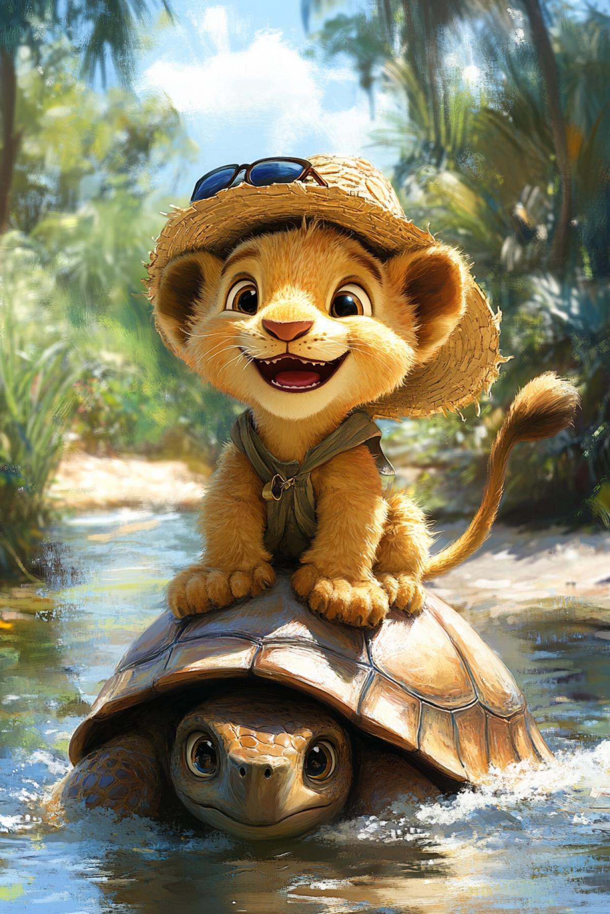 Cute little lion cub in a panama, sitting on the back of a big turtle. The turtle is wearing sunglasses. Disney, Pixar style.