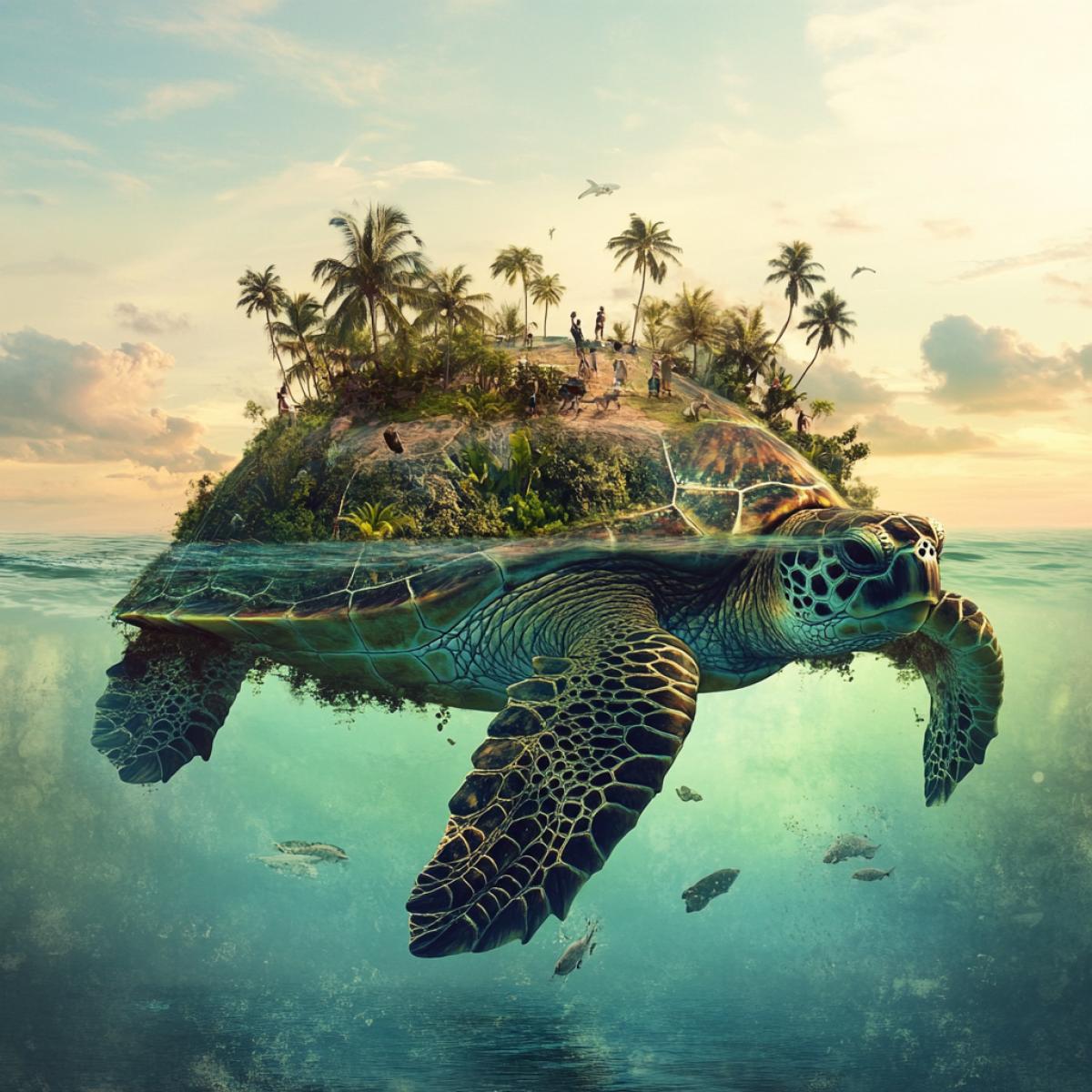 The island in the ocean in the form of a big turtle, on the back of palm trees, trees, people, animals. in the water of fish. Surrealism High quality photo