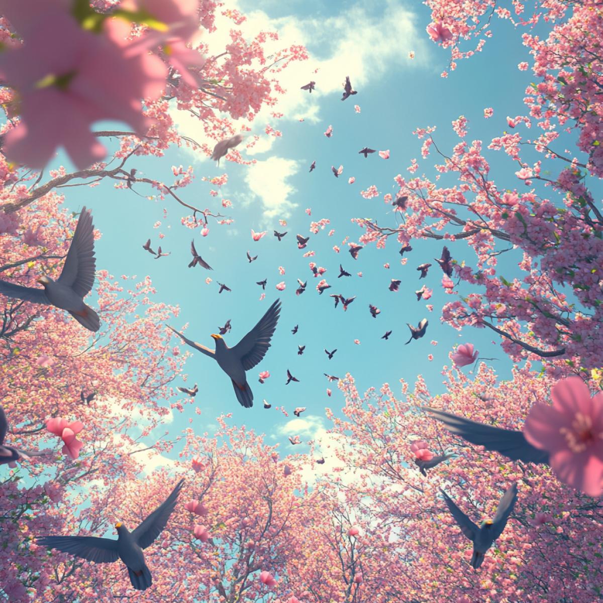 Birds of birds, spring, flowering trees, realistic graphics, erupting details fly overhead.