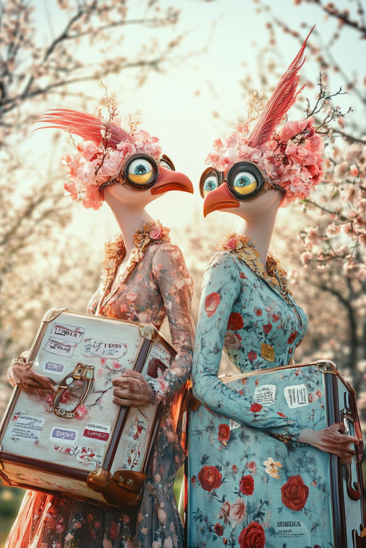 Two beautiful young anthropomorphic female birds with beautiful makeup wearing beautiful fashionable dresses carrying big travel suitcases labelled all over on the background of trees in blossom bright colours high contrast art