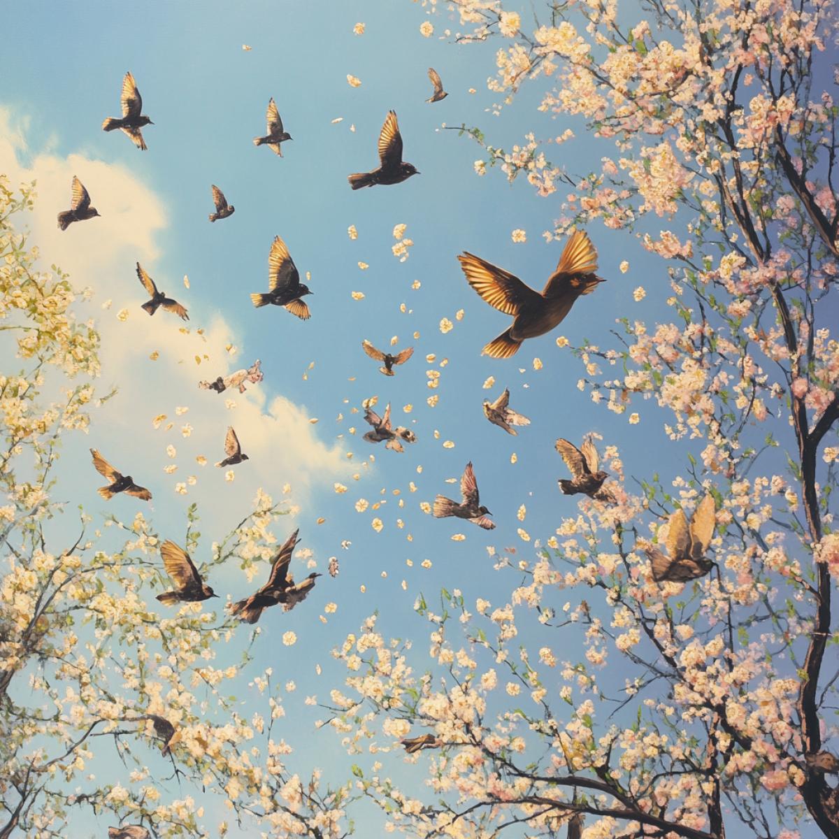 Birds of birds, spring, flowering trees, realistic graphics, erupting details fly overhead.