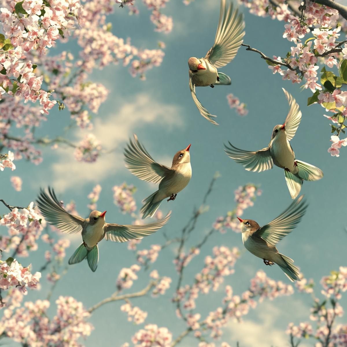 Birds of birds, spring, flowering trees, realistic graphics, erupting details fly overhead.
