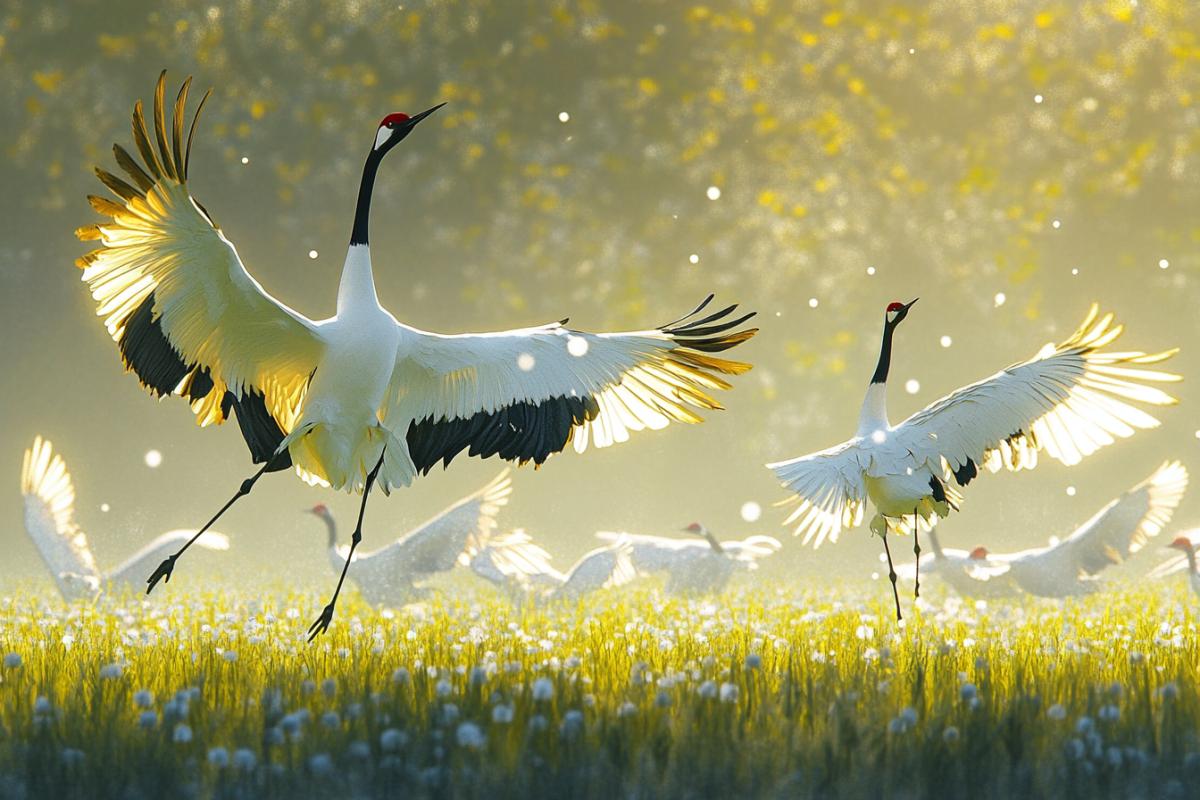 A flock of majestic cranes gently landing on a sun-drenched meadow, their wings wide open, gliding gracefully through the crisp spring air. The field is dotted with fresh green grass and small patches of early wildflowers. Dew sparkles in the light. One crane stands taller, head raised, calling to the sky. Ultra-realistic lighting, soft golden atmosphere, (Masterpiece: 1.5), (best quality: 1.5), hyper-detailed 8K, cinematic com4k