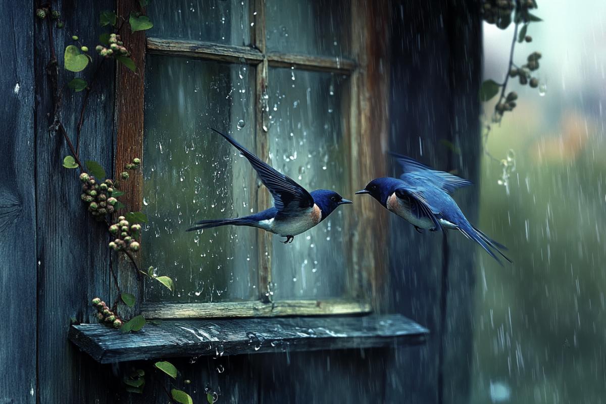 Swallows returning in spring, fluttering joyfully under a soft rain near the wooden windows of a cozy countryside house. Raindrops glisten on the glass and the birds’ wings as they perch on the eaves. Early buds bloom on the vines surrounding the window. Romantic, serene mood, ultra-HD 8K, photorealism, (Masterpiece: 1.5), (best quality: 1.5), natural light reflections, highly detailed textures