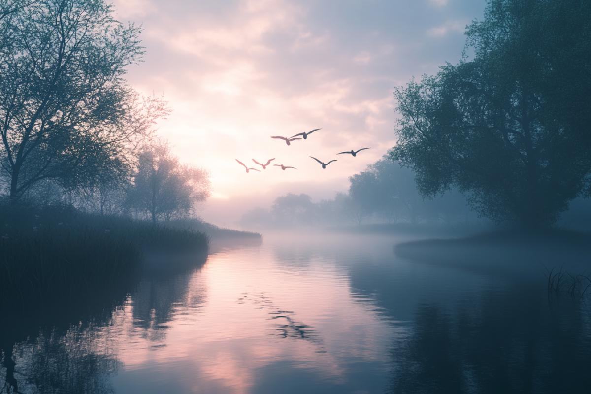 V-formation of wild geese flying low over a spring river shrouded in early morning mist. The water reflects the skys soft pastel colors. Trees along the banks are just budding. A gentle breeze stirs ripples, and the lead goose stretches forward, breaking through the fog. Majestic mood, hyperrealism, ultra-HD 8K, dramatic natural light, (Masterpiece: 1.5), (best quality: 1.5), cinematic.