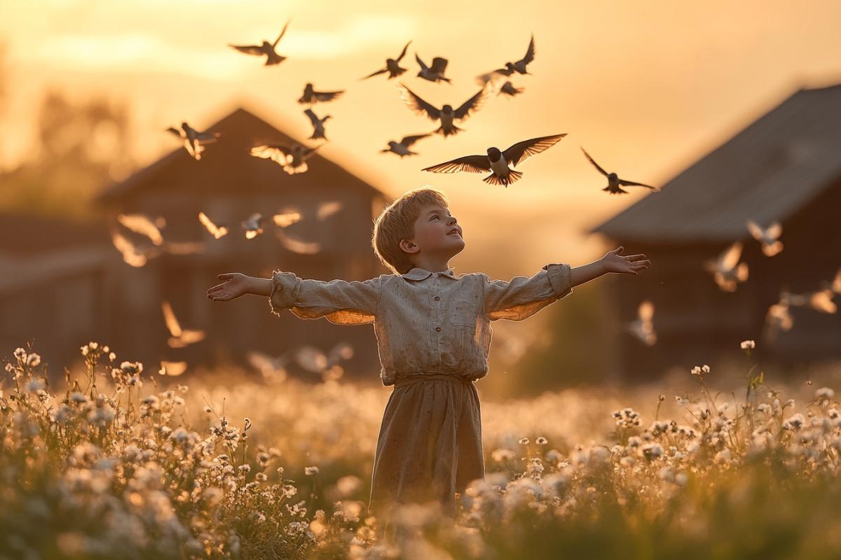 A young luxuryfoot boy in rustic spring clothes stands in a blooming field, arms outstretched, as dozens of swallows circle above him in the golden evening light. The birds form swirling shapes in the air, responding to his presence like a silent spell. The village and wooden barns blur in soft focus behind him. Atmospheric photo in the style of Elena Shumilova, warm tones, cinematic softness, photorealistic magic, 85mm lens look, ultra-HD.