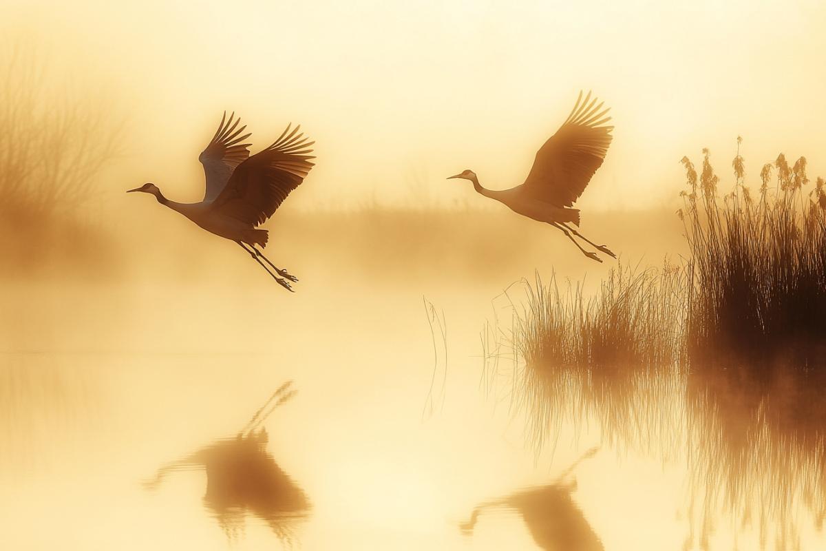 Slow-motion moment of cranes descending from the sky, wings wide open like divine figures, landing on a quiet, foggy lake shore in early spring. Their reflections stretch across the still water, and golden reeds sway in slow harmony. The scene is deeply spiritual, like a silent prayer. Style inspired by Gregory Colbert’s Ashes and Snow, sepia and golden tones, poetic minimalism, ultra-HD, dramatic com4k, award-winning photo feel.