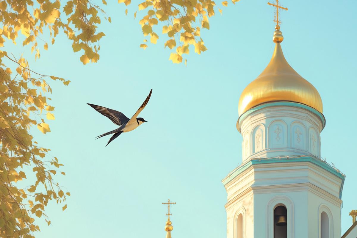 A single swallow in flight against a bright, cloudless spring sky, soaring past an old Russian bell tower with golden domes. The architecture glows warmly in the morning light. New leaves begin to sprout below. Peaceful yet symbolic scene, full of movement and grace. Photorealistic textures, ultra-HD 8K, (Masterpiece: 1.5), (best quality: 1.5), clear skies, spiritual atmosphere.