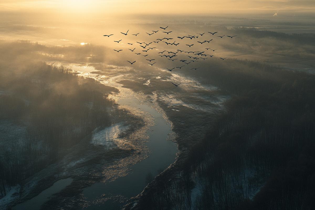 A flock of cranes returning home after migration, captured mid-flight over an awakening Russian landscape thawing fields, glistening puddles, and traces of snow along birch-lined paths. The light is sharp and clear, late afternoon sun illuminating their wings like silver blades. The horizon stretches endlessly. Com4k in the style of World Press Photo finalists stark realism with poetic undercurrent, wide-angle, ultra-sharp textures, dramatic sky, award-winning tone.