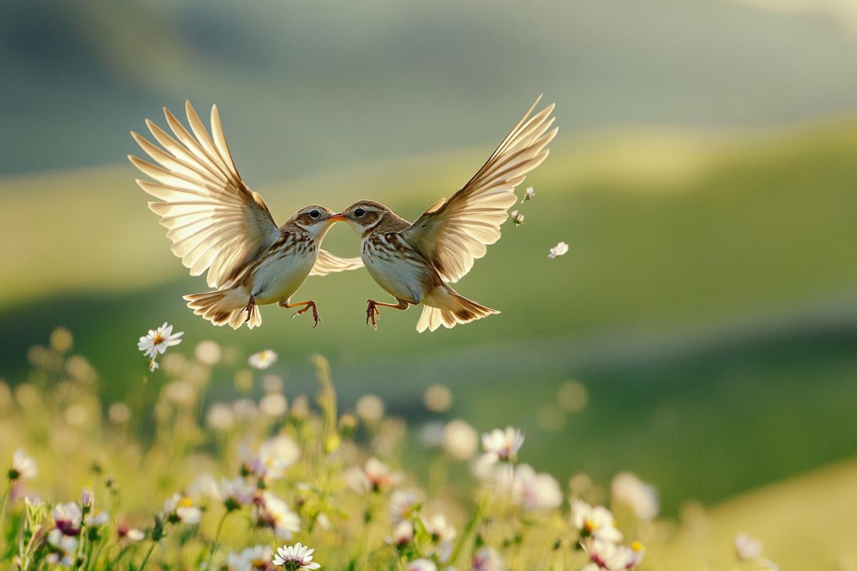 A pair of skylarks captured mid-air in a courtship dance above green hills scattered with wildflowers. Their wings overlap like a mirrored embrace, petals flying up from below in the breeze. Every feather in motion is visible. The entire image feels like a suspended ballet. Shot as a hyper-detailed high-speed frame, shallow depth, award-winning wildlife com4k, golden spring tones, (Masterpiece: 1.5), ultra-HD, cinematic depth.