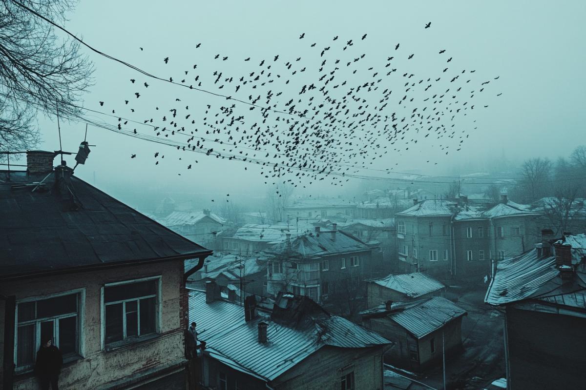 Dozens of starlings sweeping in synchronized flight over a quiet, misty provincial Russian town in early spring. Rooftops glisten with morning dew, laundry lines flutter, a girl looks up from a balcony. The birds form shifting patterns across the sky like moving calligraphy. Urban poetry meets natural rhythm. Shot in Magnum Photos documentary style, cinematic framing, natural color grading, raw yet com4kd.