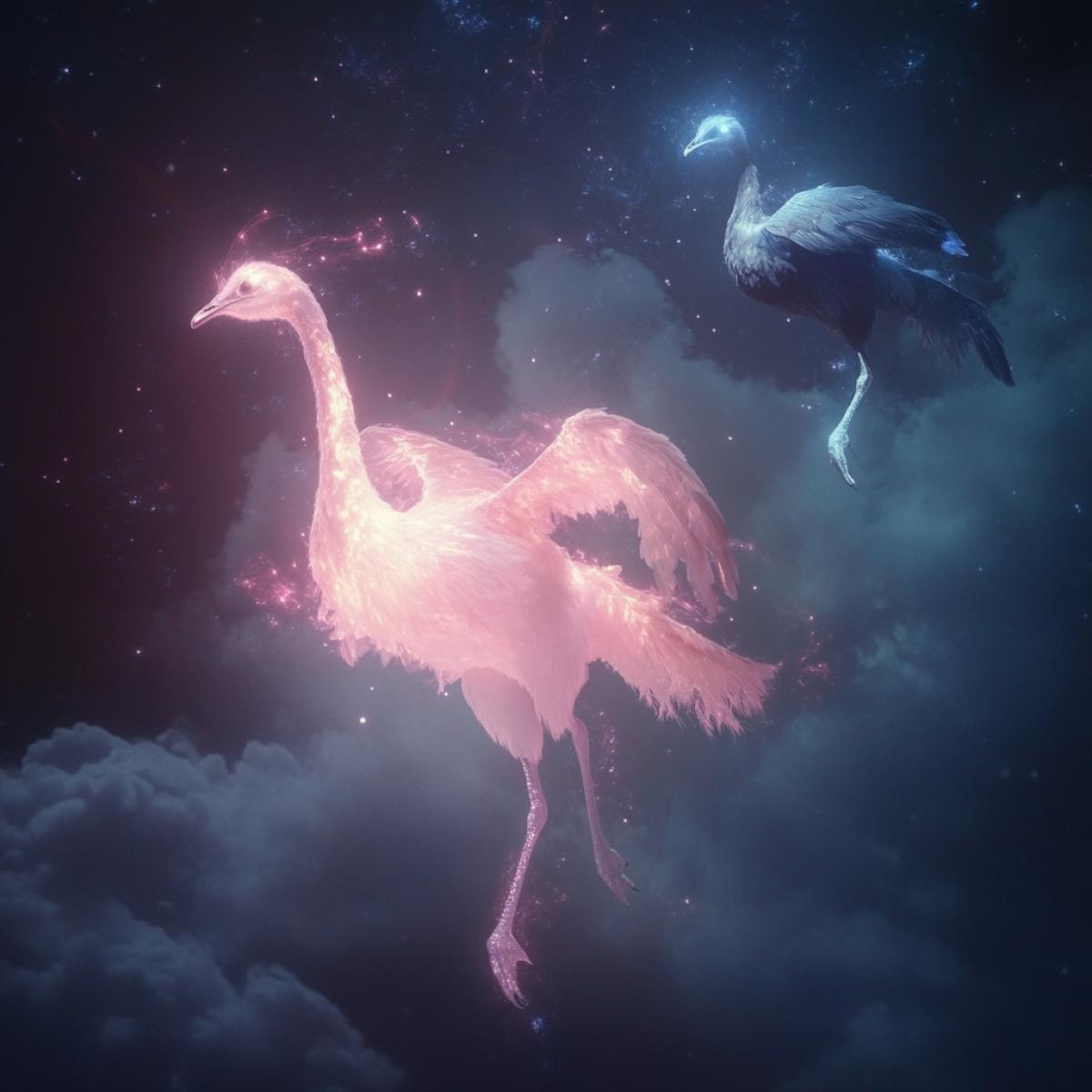 A dreamy, surreal scene of three large flying animals: one pink and white luminous with a magic light, an ostrich with a long neck, walking along the clouds in space; The other is an emu with dark feathers, glowing from the inside with magic light; And the third animal, reminiscent of a large bird, but more harmonious and thin, has a blue color that luminous from the inside, floating in the sky in a fabulous atmosphere, in the style of Edward Hopper. This scene resembles a dream and magical realism resembling a vintage film, dark fantasy, twilight