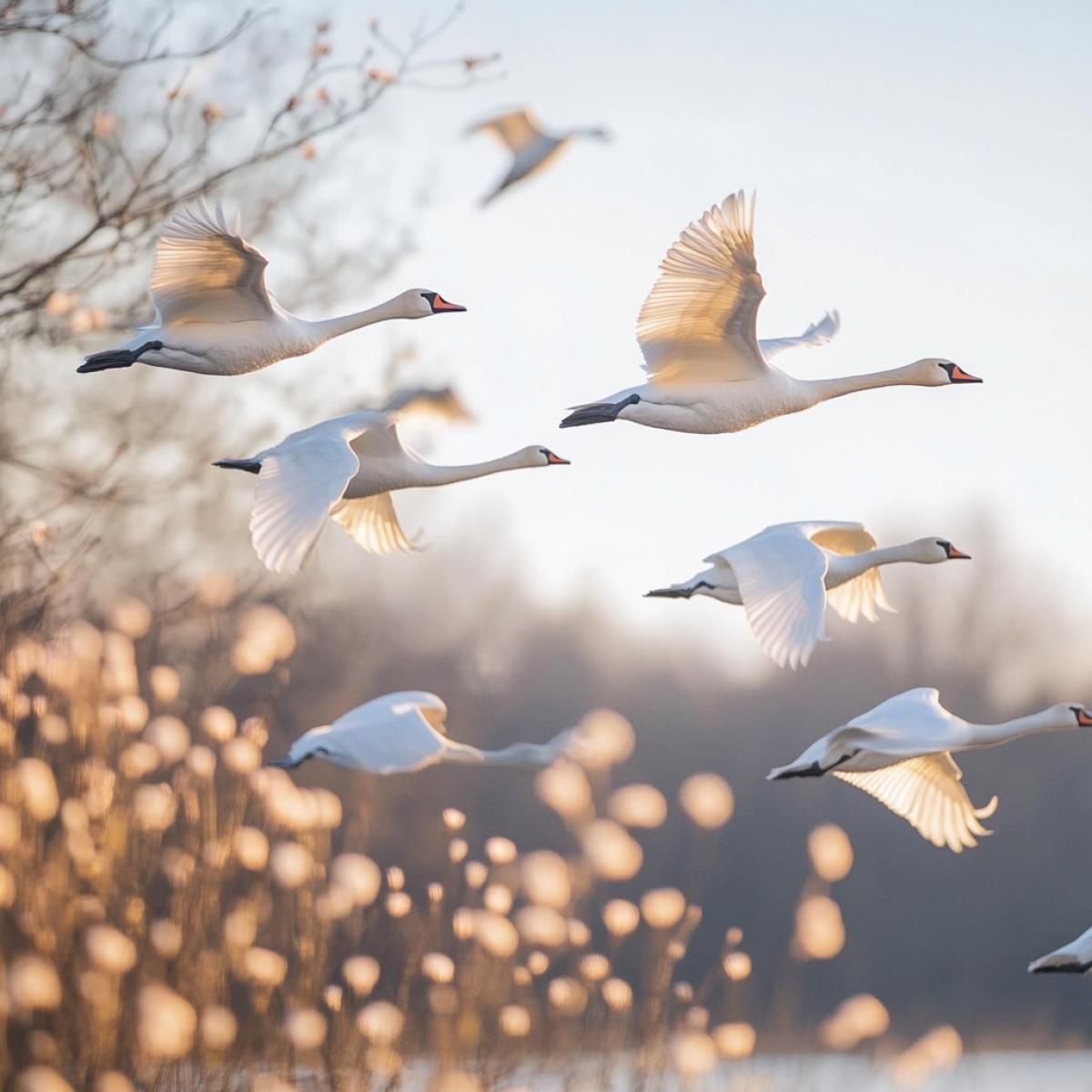 Bird wedge, jamb of swans in the sky. Type of bushes blossoming in the spring. The forefront in defocusing