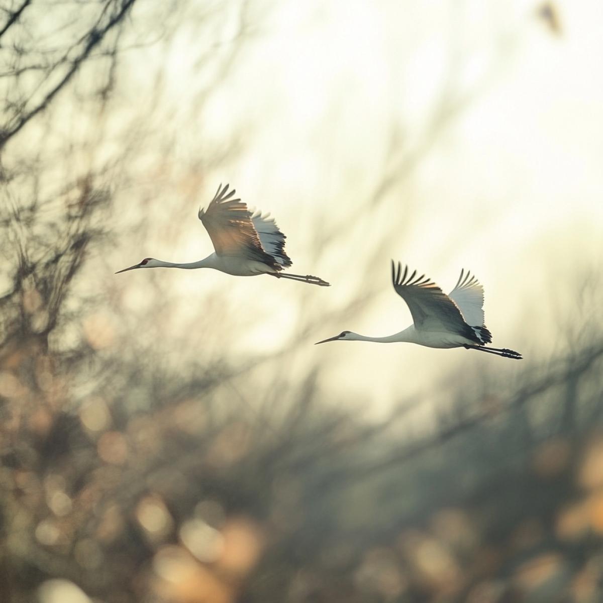 A wedge flying cranes with a triangle in the sky. Type of greens in the spring of bushes. The forefront in defocusing