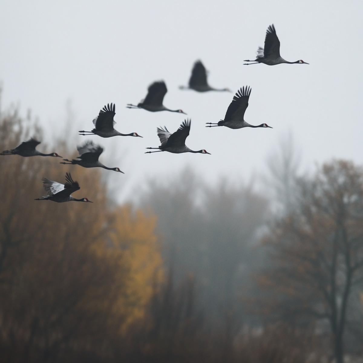 Klin flocks of cranes flying a triangle in the sky. Type of greens in the spring of bushes. The forefront in defocusing
