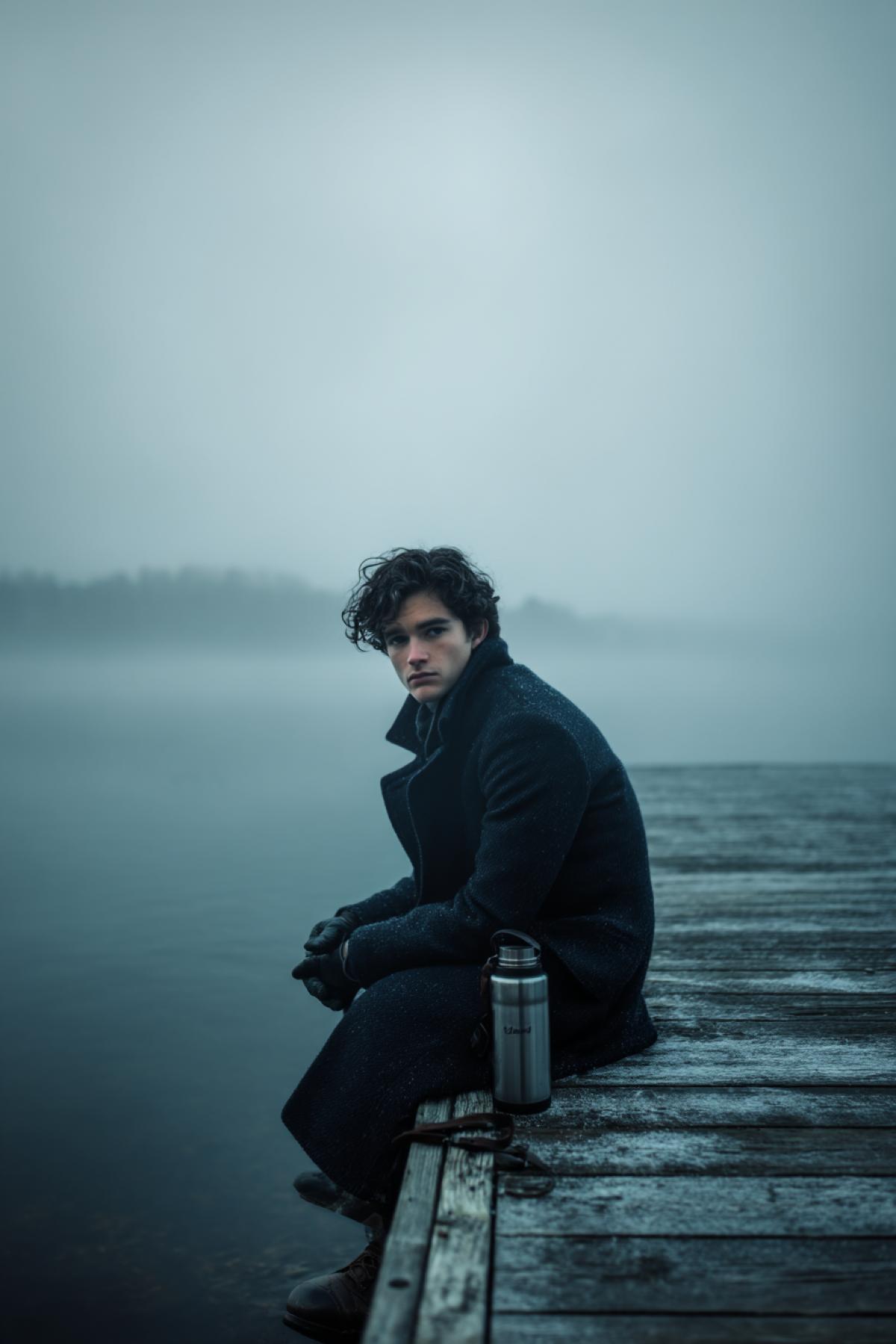 A moody, professional portrait of a young man with dark curly hair and piercing blue eyes, sitting on a weathered wooden dock at the edge of a misty lake in early morning. He wears a dark wool coat and gloves, a thermos beside him. Light fog rolls over the calm water. Natural diffused light, cold tones. Ultra-realistic detail textures of skin, clothing, the damp wood, and mist. Cinematic com4k, shallow depth of field, (Masterpiece: 1.5), inspired by fine art portrait photography.