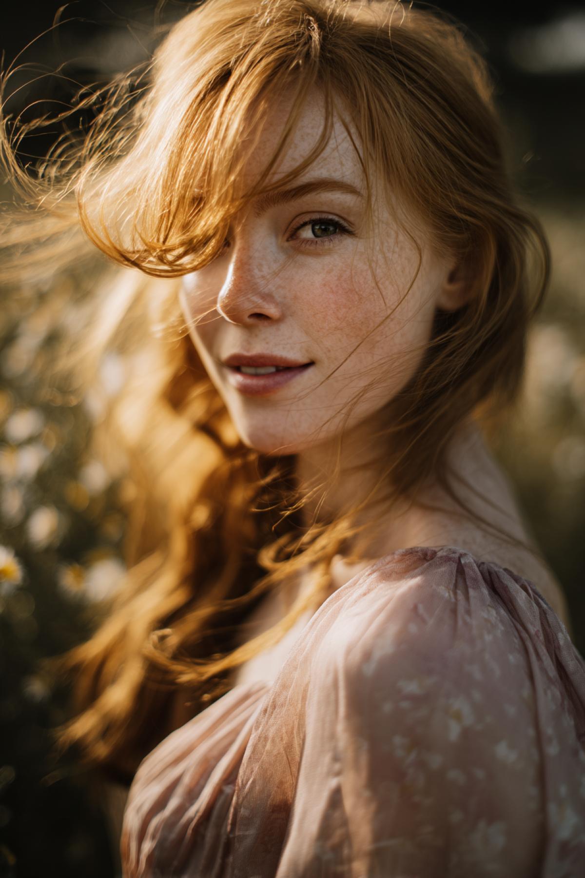 A professional editorial-style portrait of a woman with strawberry-blonde hair and pale freckles, standing in a blooming spring field of wild chamomiles at golden hour. She wears a flowing pastel dress that catches the breeze. Warm natural backlight outlines her silhouette, hair softly illuminated. Eyes looking into the lens, subtle smile. Background fully blurred in bokeh, hyperrealistic textures of skin, hair, and fabric. Cinematic framing, natural light photography, (Masterpiece: 1.5), (photo by Annie Leibovitz, Vogue style), shallow depth of field, ultra-HD, soft cinematic tones.