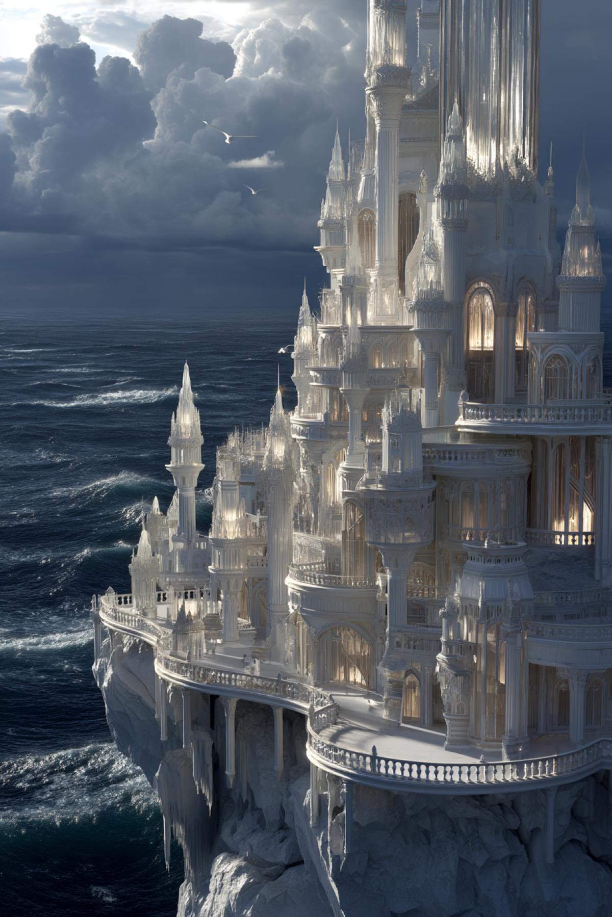 A surreal cliffside palace carved entirely from crystal and bone-white marble, overlooking a stormy ocean. Light pours through massive spires, casting rainbow reflections across the polished floor. Waves crash below, and gulls fly in the distance. The sky is dynamic, heavy with moving clouds. Ultra-detailed architectural design, full-scene com4k, reflections, volumetric light, high complexity textures, hyperrealism, (best quality: 1.5), dramatic and cinematic mood.