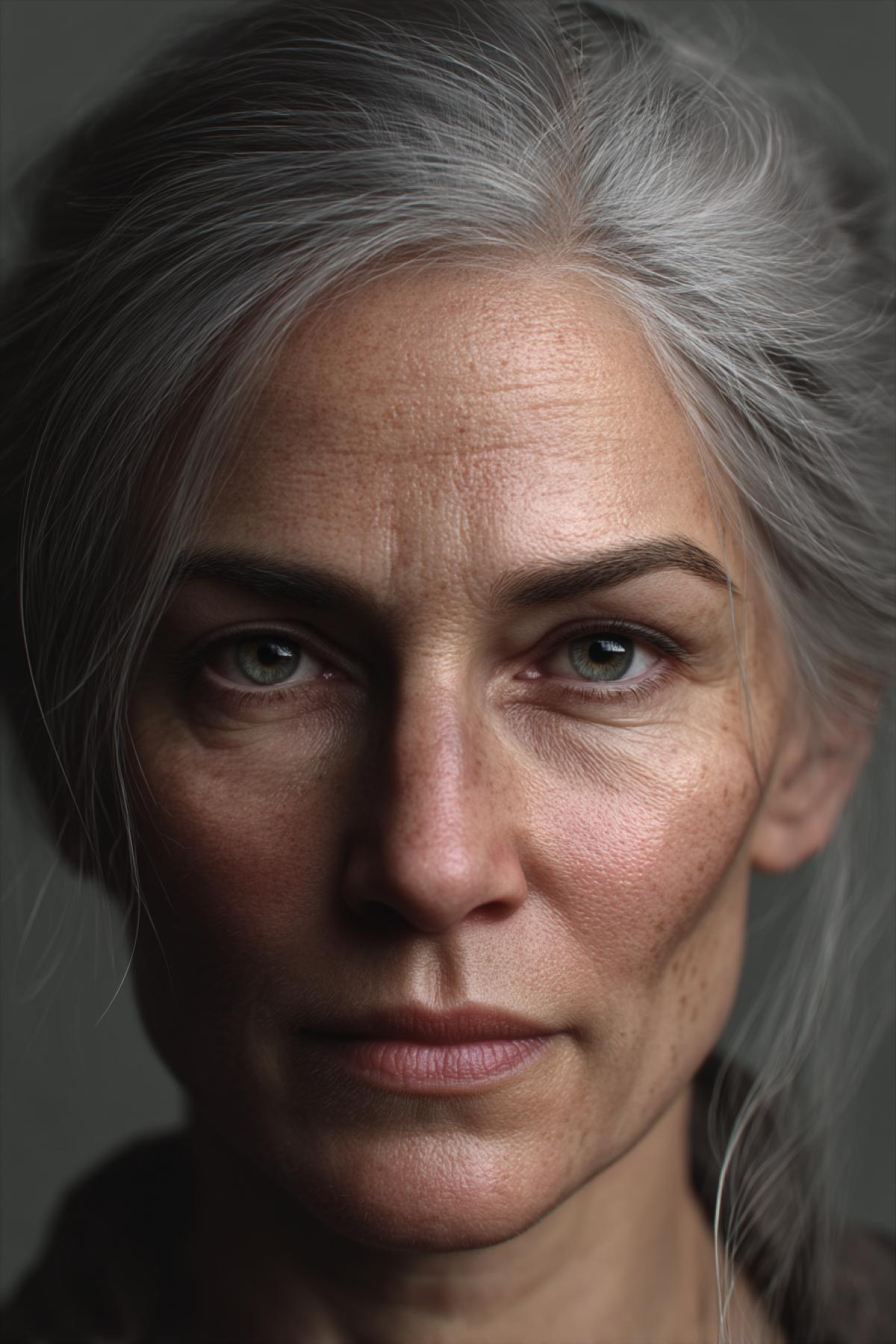 A hyperrealistic close-up portrait of a weathered woman in her 50s with silver hair tied back, piercing gray eyes, and deeply textured skin. Her expression is calm but intense, as if holding back a lifetime of stories. Subtle freckles, fine wrinkles, a faint scar over her eyebrow. Soft natural lighting from a cloudy sky, with shallow depth of field and delicate lens blur in the background. Photographed outdoors against a muted gray backdrop like in a character selection screen. Sony Alpha 7R V + 85mm f/1.2, cinematic lighting, skin pores visible, ultra-detailed 8K texture, (Masterpiece: 1.5), (best quality: 1.5), (realistic expression), emotional intensity, character-driven portrait.